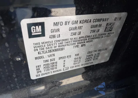 2019 Chevrolet Trax Lt из США, поврежденный, VIN KL7CJLSB2KB859301